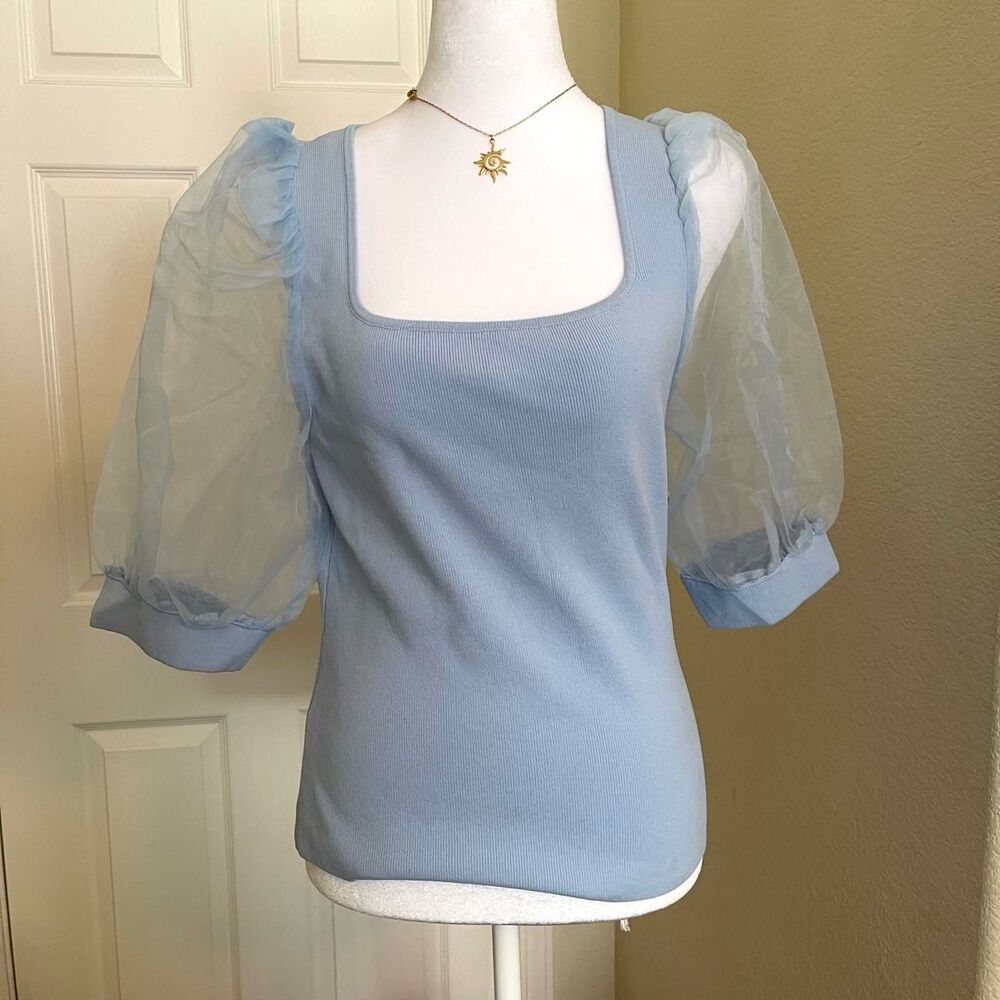 NWT Joie Ballerinacore Blue Sheer Puff Sleeve Blouse - size large